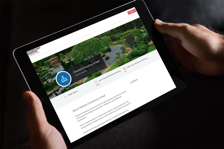 Felstone Consulting's profile for the Landscape Institute displayed on an iPad